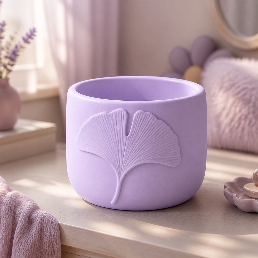 Ginkgo Leaf Decor Cachepot, Botanical Shelf Pot, Pastel Vanity Room Decor — Purple color variant