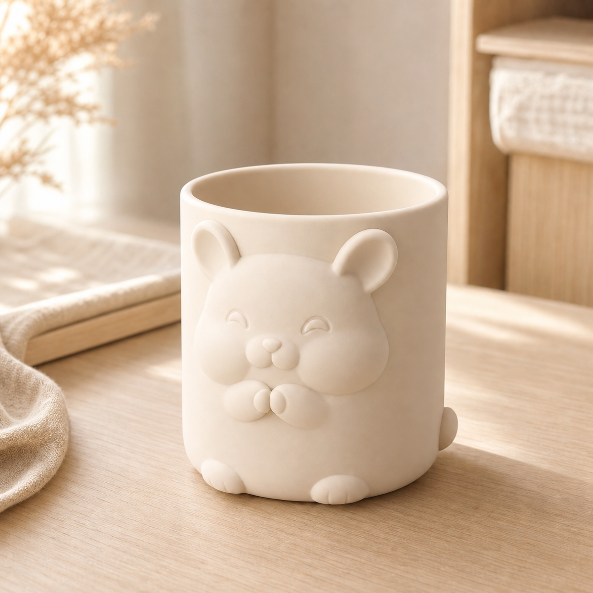 Hamster Pencil Cup, Pastel Makeup Brush Holder, Cute Animal Desk Decor — Beige color variant
