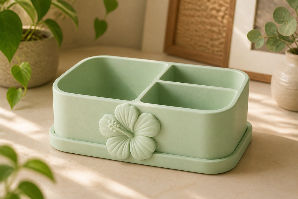 Hibiscus Vanity Caddy, Pastel Desk Organizer, Cute Makeup Storage Gift — Green color variant