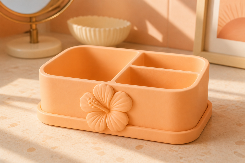 Hibiscus Vanity Caddy, Pastel Desk Organizer, Cute Makeup Storage Gift — Orange color variant