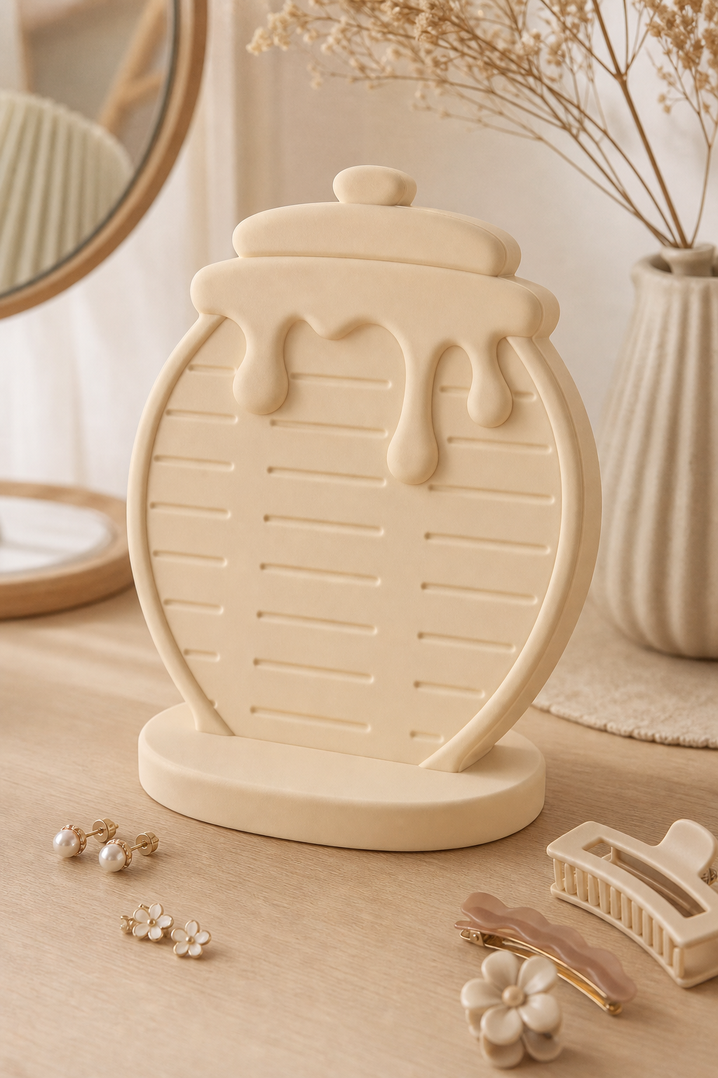 Honey Jar Earring Display, Pastel Hair Clip Holder, Cute Vanity Organizer Gift — Beige color variant
