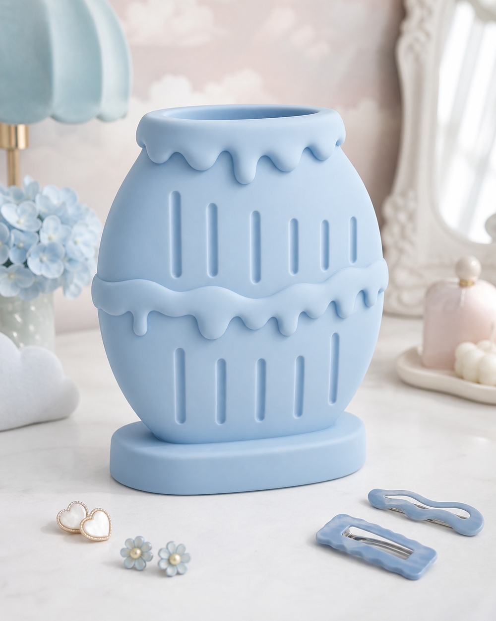 Honey Jar Earring Display, Pastel Hair Clip Holder, Cute Vanity Organizer Gift — Blue color variant
