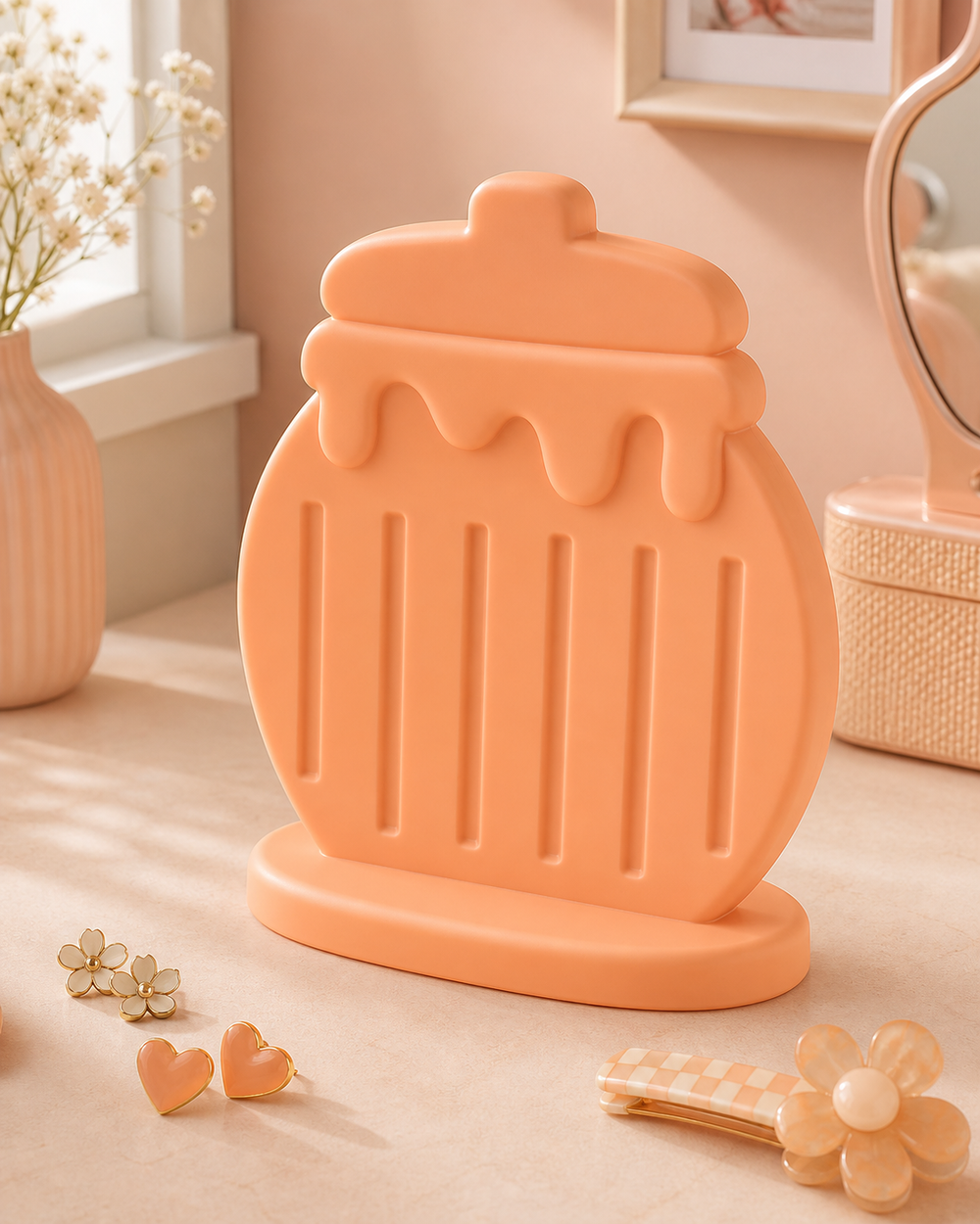 Honey Jar Earring Display, Pastel Hair Clip Holder, Cute Vanity Organizer Gift — Orange color variant