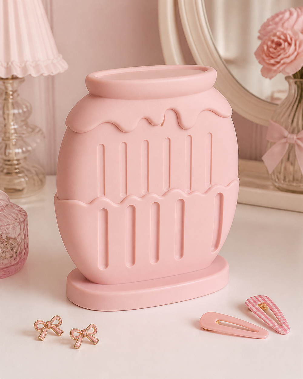 Honey Jar Earring Display, Pastel Hair Clip Holder, Cute Vanity Organizer Gift — Pink color variant