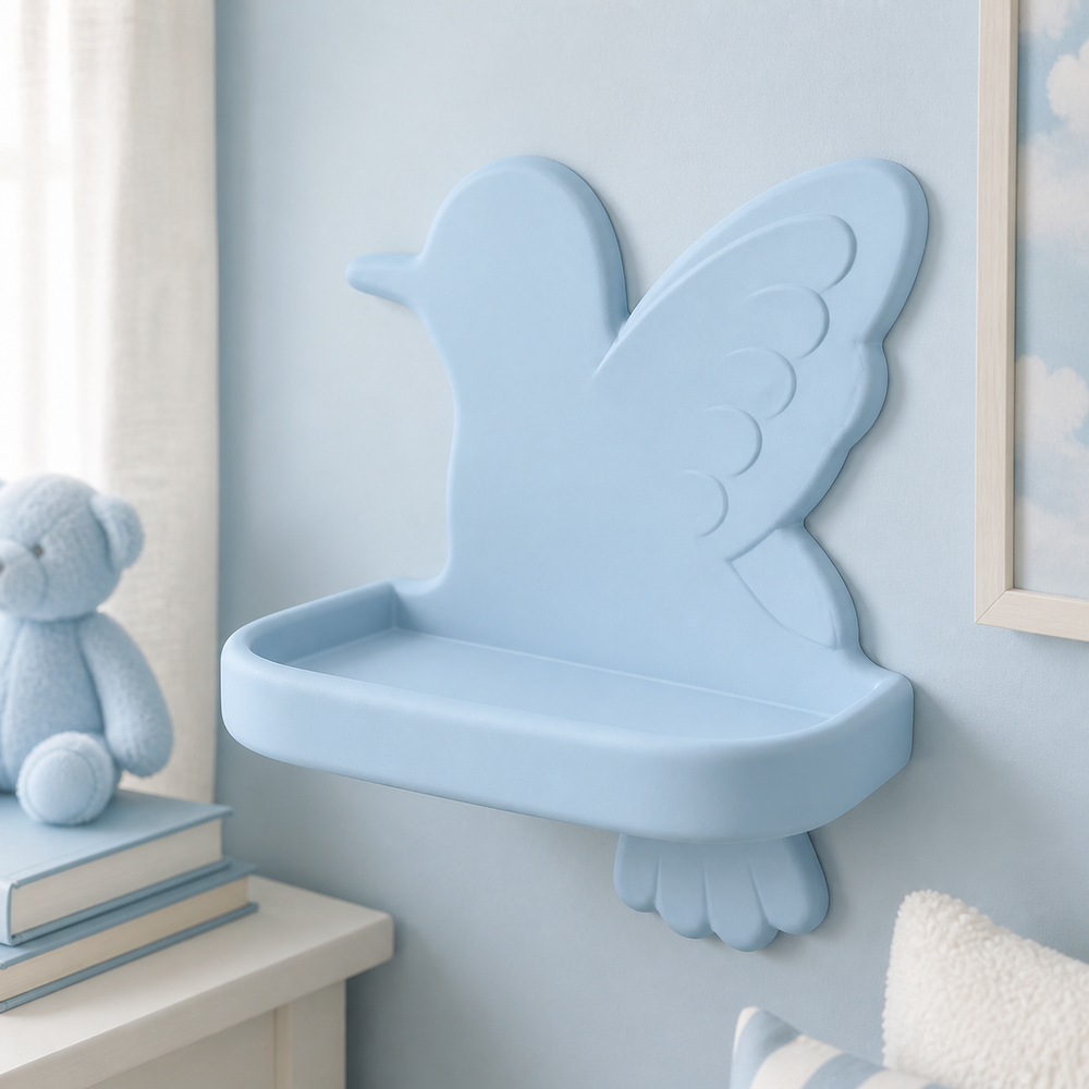 Hummingbird Mini Wall Ledge, Pastel Fairycore Shelf, Nursery Vanity Room Decor — Blue color variant