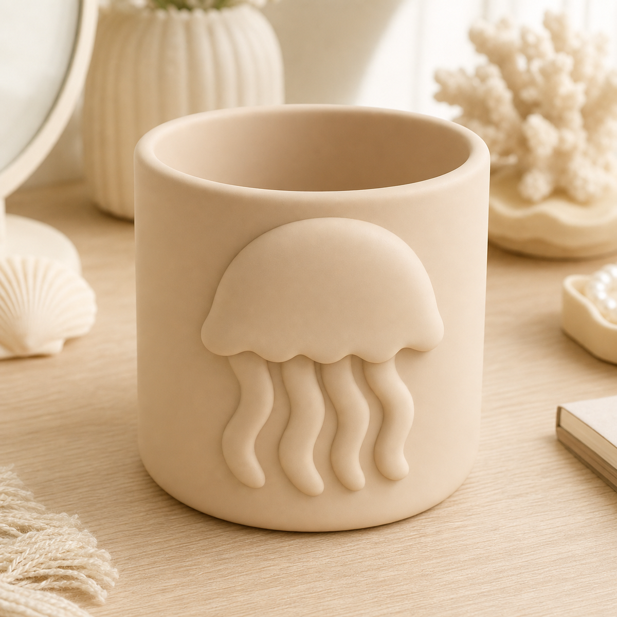 Jellyfish Brush Cup, Pastel Ocean Desk Organizer, Cute Vanity Gift — Beige color variant