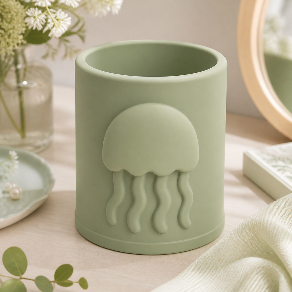 Jellyfish Brush Cup, Pastel Ocean Desk Organizer, Cute Vanity Gift — Green color variant