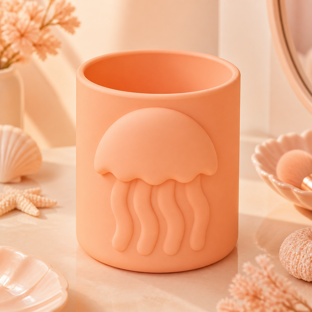 Jellyfish Brush Cup, Pastel Ocean Desk Organizer, Cute Vanity Gift — Orange color variant