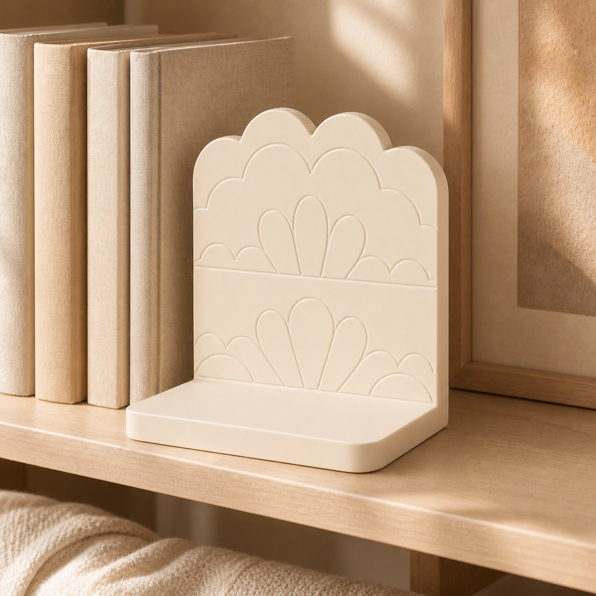 Scallop Bookend, Coquette Lace Book Stand, Pastel Shelf Decor Gift — Beige color variant