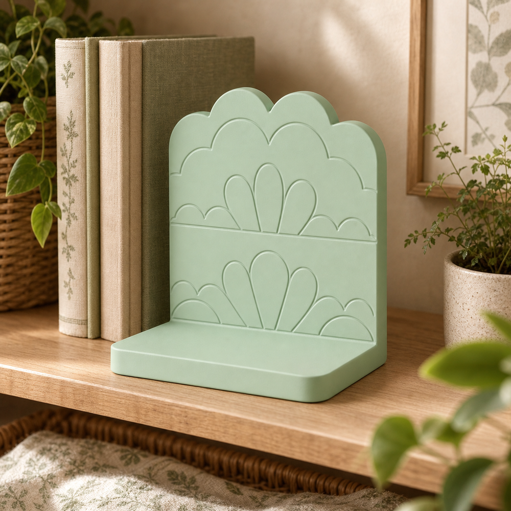 Scallop Bookend, Coquette Lace Book Stand, Pastel Shelf Decor Gift — Green color variant