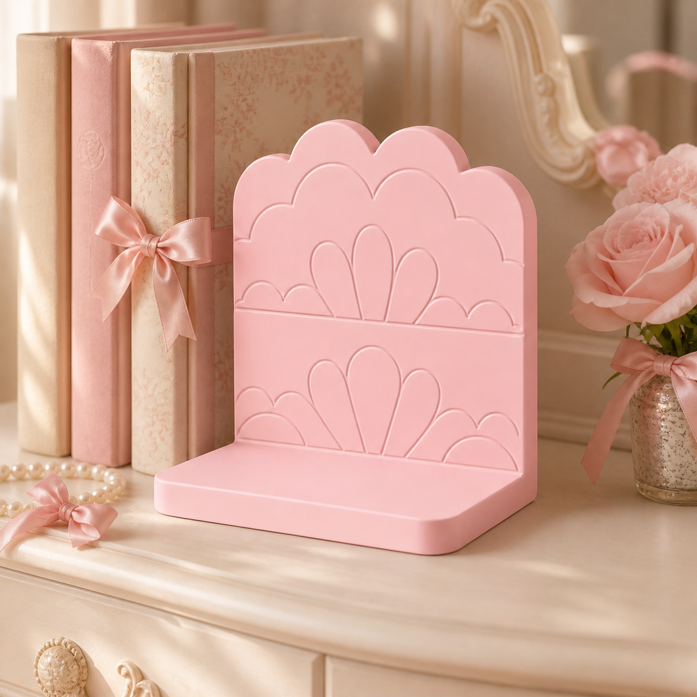 Scallop Bookend, Coquette Lace Book Stand, Pastel Shelf Decor Gift — Pink color variant