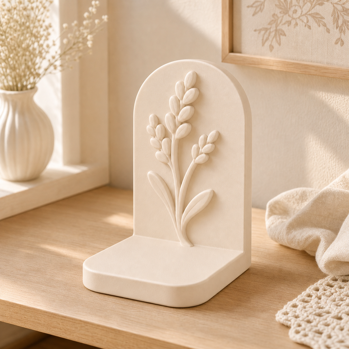 Lavender Sprig Bookend, Pastel Botanical Book Stand, Cottagecore Shelf Decor — Beige color variant