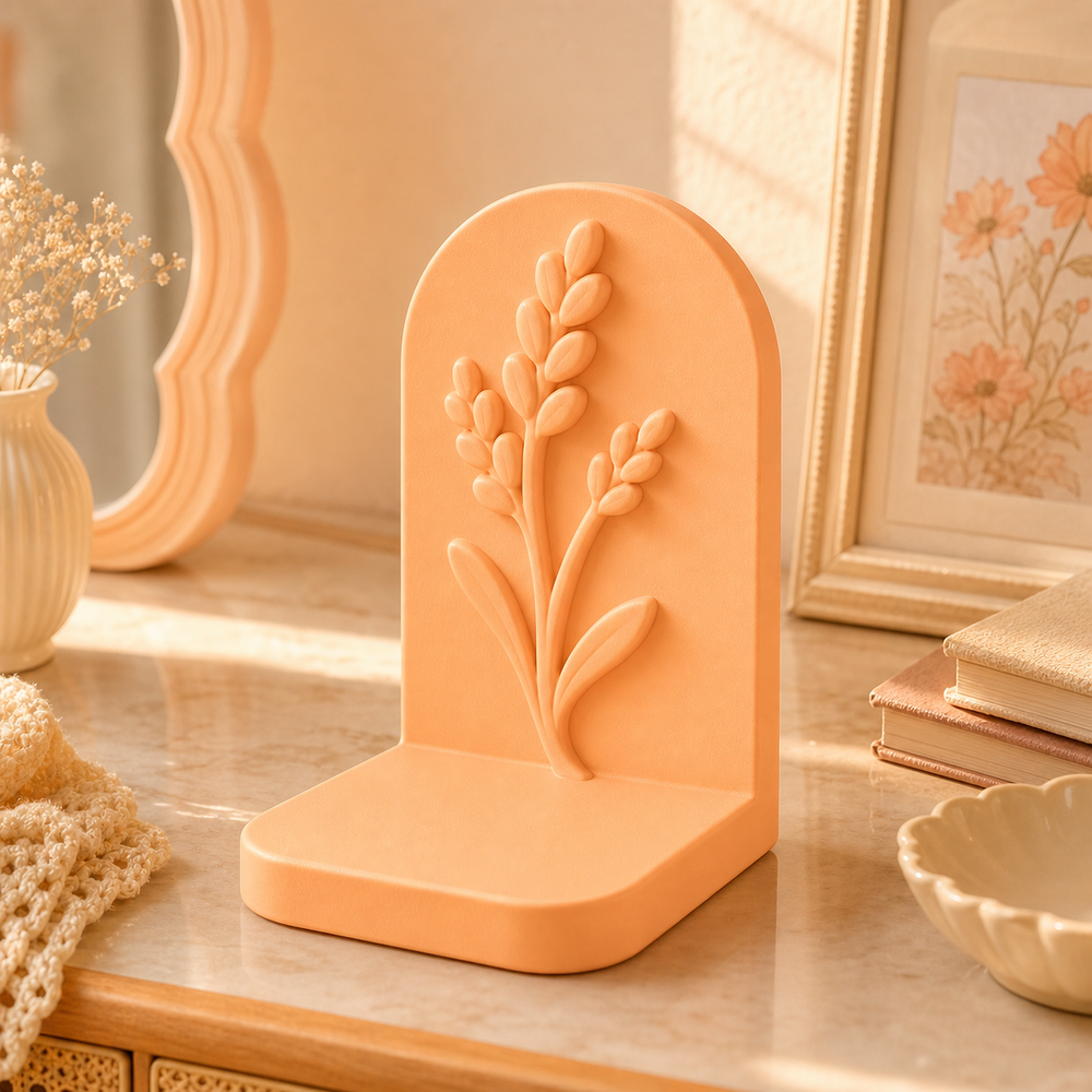 Lavender Sprig Bookend, Pastel Botanical Book Stand, Cottagecore Shelf Decor — Orange color variant