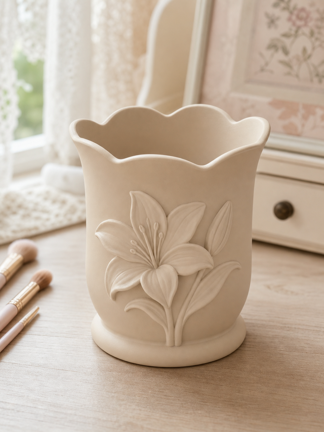 Lily Makeup Brush Cup, Pastel Pencil Holder, Cottagecore Vanity Desk Organizer Gift — Beige color variant