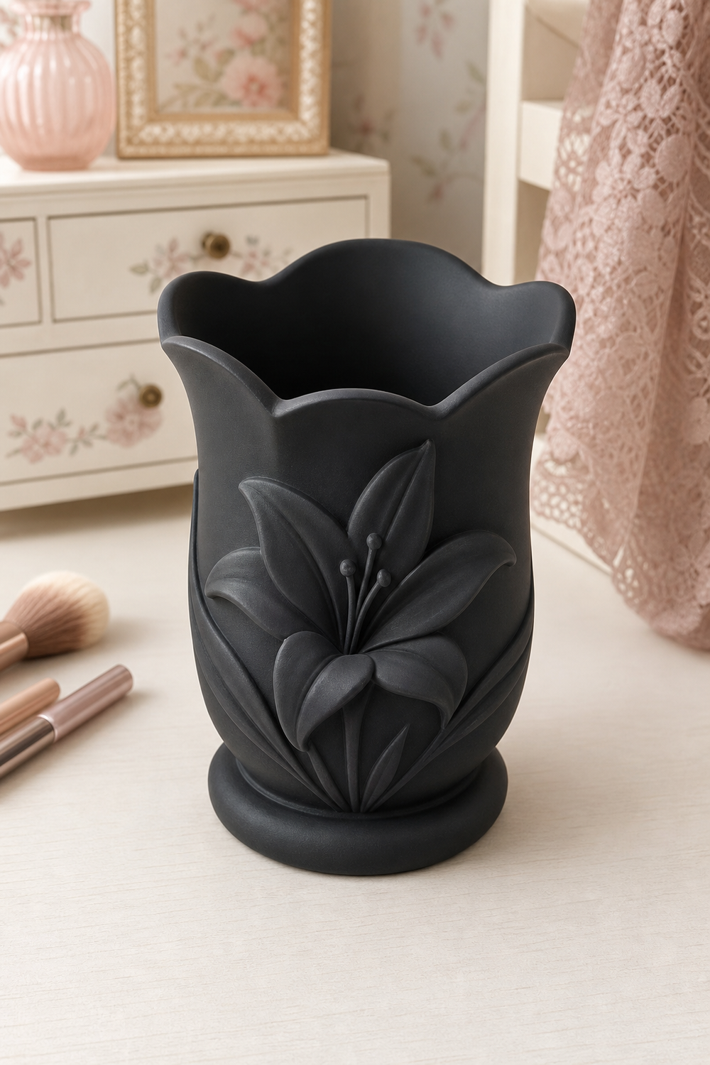 Lily Makeup Brush Cup, Pastel Pencil Holder, Cottagecore Vanity Desk Organizer Gift — Black color variant