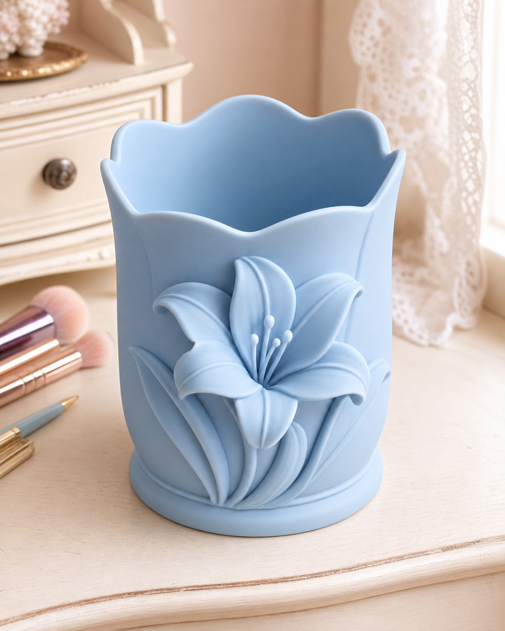 Lily Makeup Brush Cup, Pastel Pencil Holder, Cottagecore Vanity Desk Organizer Gift — Blue color variant