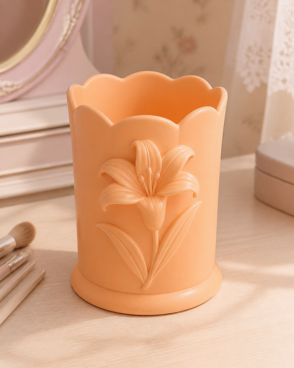 Lily Makeup Brush Cup, Pastel Pencil Holder, Cottagecore Vanity Desk Organizer Gift — Orange color variant