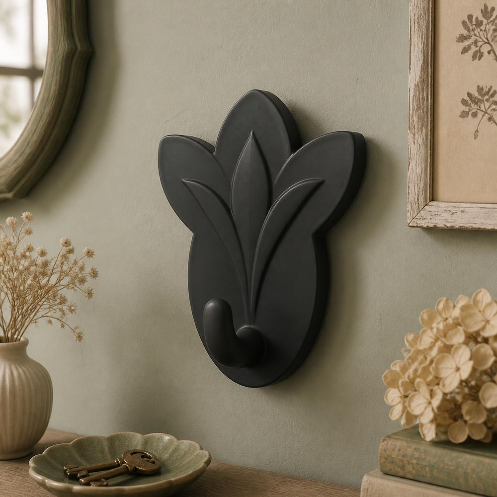 Lily Wall Hook, Pastel Flower Key Peg, Cute Cottagecore Room Decor — Black color variant