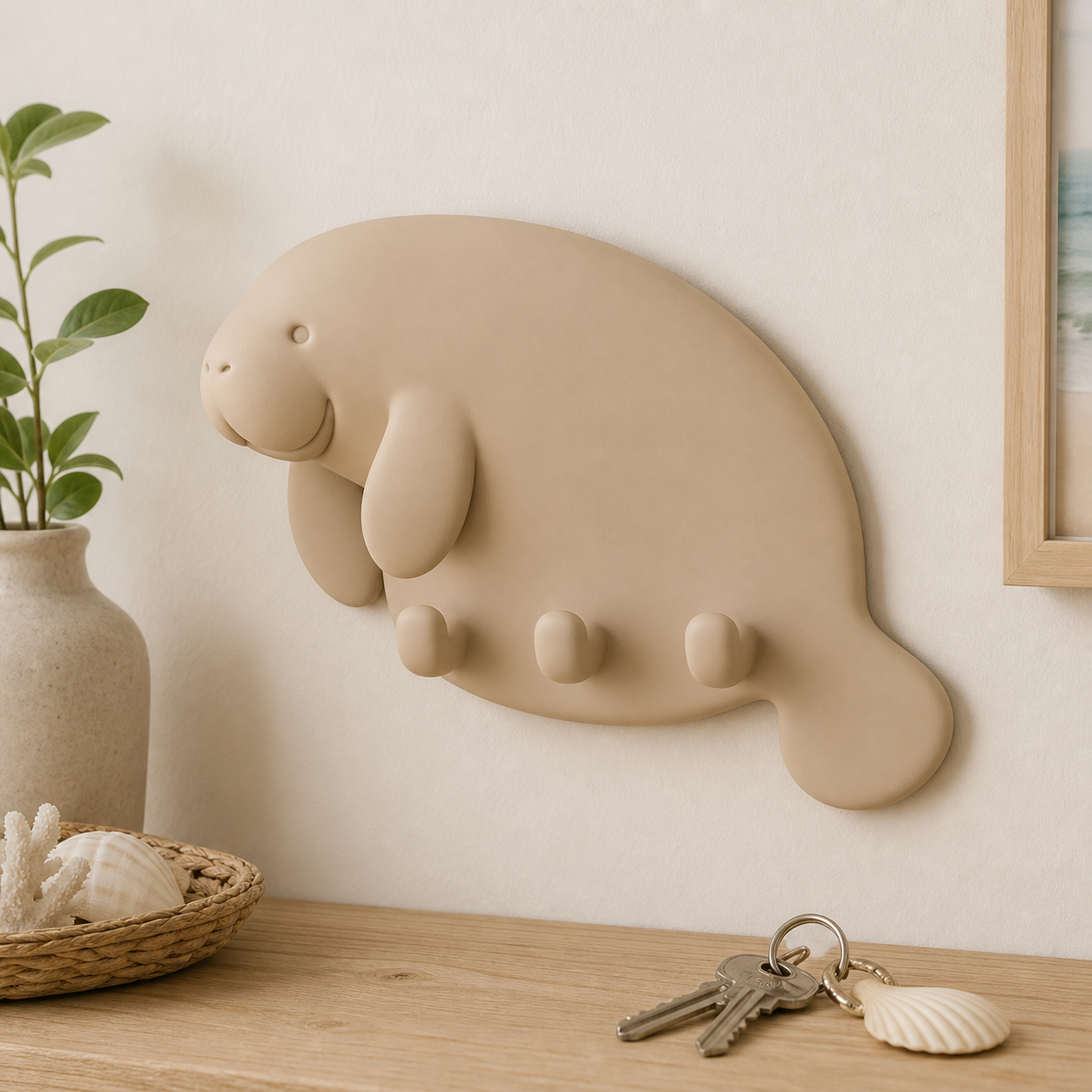 Manatee Key Hook, Ocean Animal Wall Peg, Pastel Entryway Organizer — Beige color variant