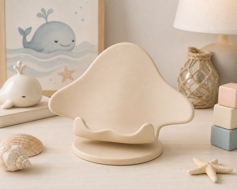 Beige manta ray phone stand on a pastel desk, coastal cute room decor preview