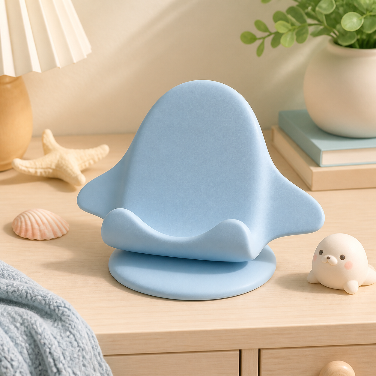 Blue manta ray phone stand on a pastel desk, coastal cute room decor preview