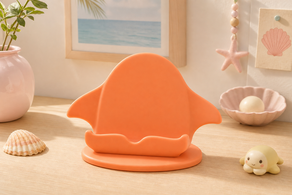 Orange manta ray phone stand on a pastel desk, coastal cute room decor preview