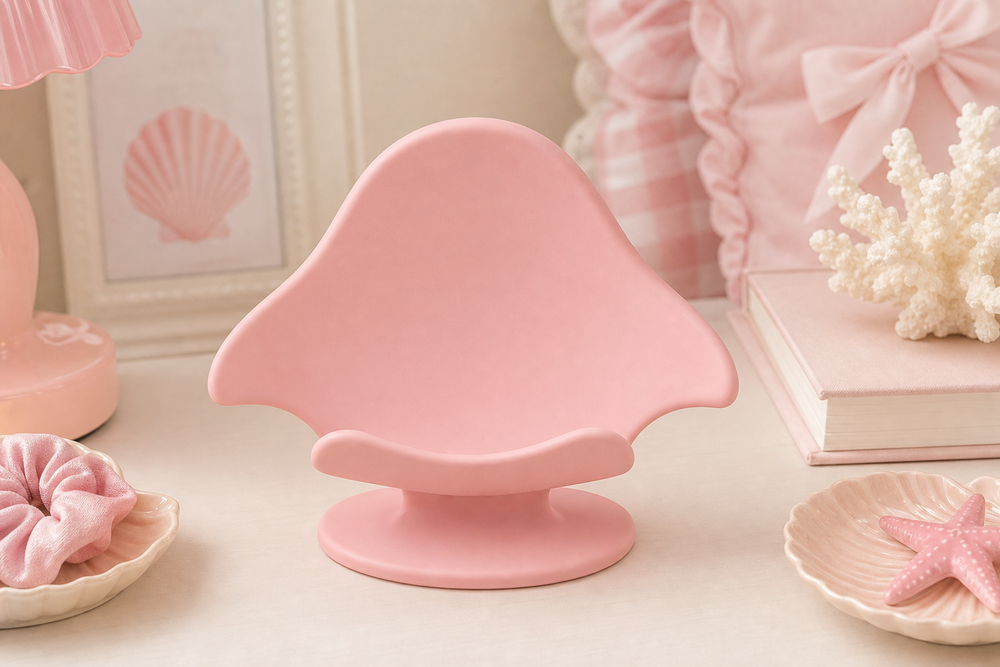 Pink manta ray phone stand on a pastel desk, coastal cute room decor preview