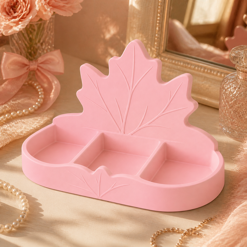 Maple Leaf Vanity Caddy, Pastel Desk Organizer, Cottagecore Fall Room Decor Gift — Pink color variant
