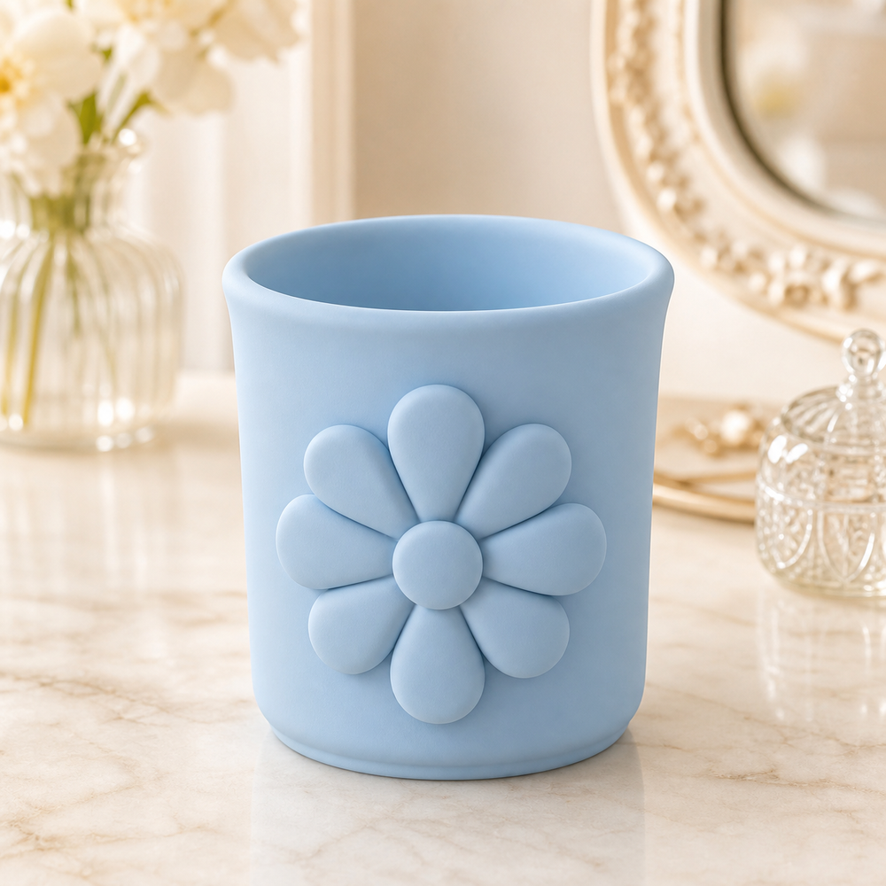 Marigold Makeup Brush Cup, Pastel Pencil Holder, Cute Vanity Organizer Gift — Blue color variant