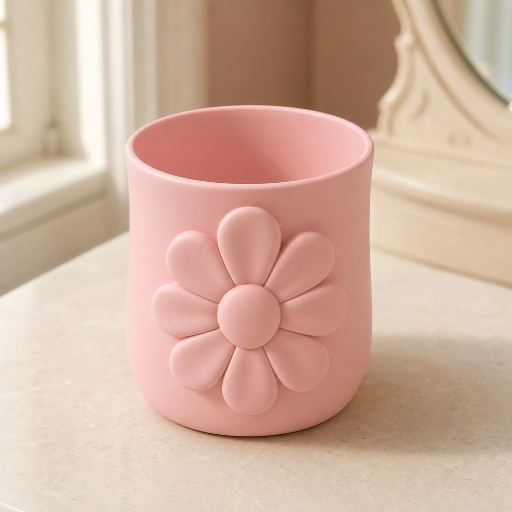Marigold Makeup Brush Cup, Pastel Pencil Holder, Cute Vanity Organizer Gift — Pink color variant