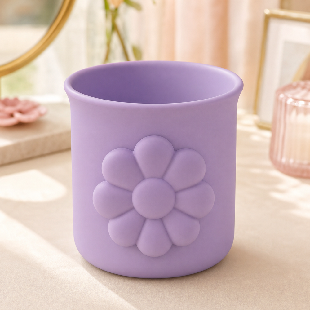 Marigold Makeup Brush Cup, Pastel Pencil Holder, Cute Vanity Organizer Gift — Purple color variant