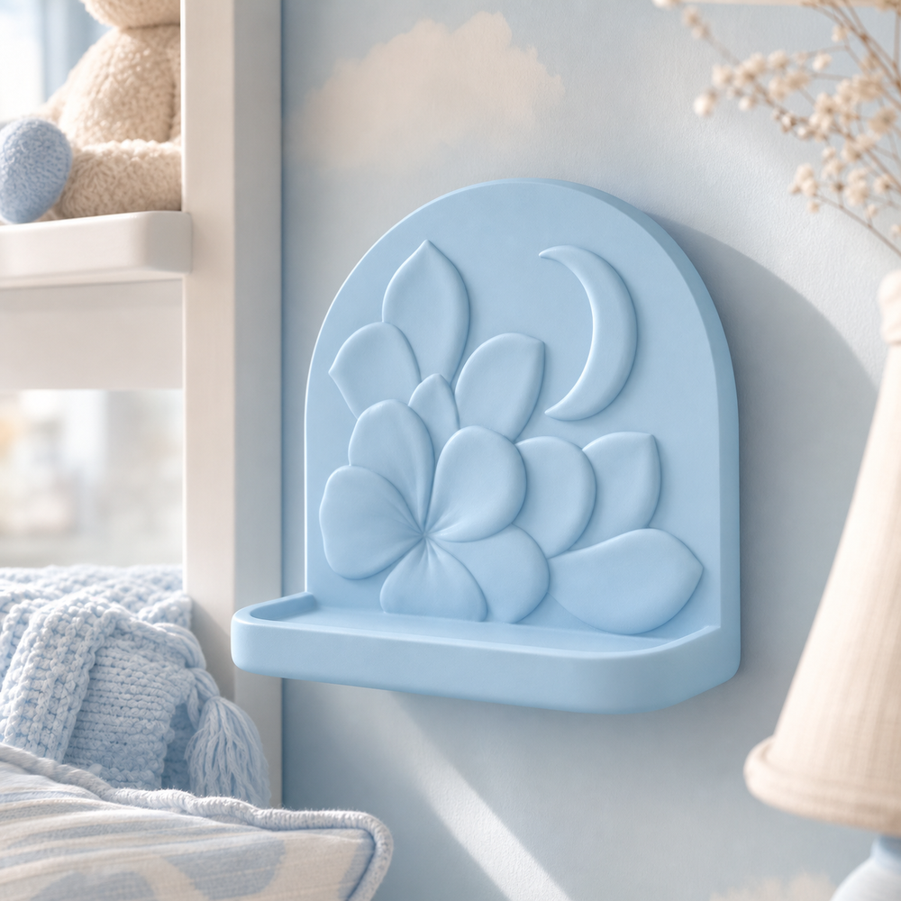 Moonflower Trinket Ledge, Pastel Floral Shelf, Cottagecore Room Decor — Blue color variant