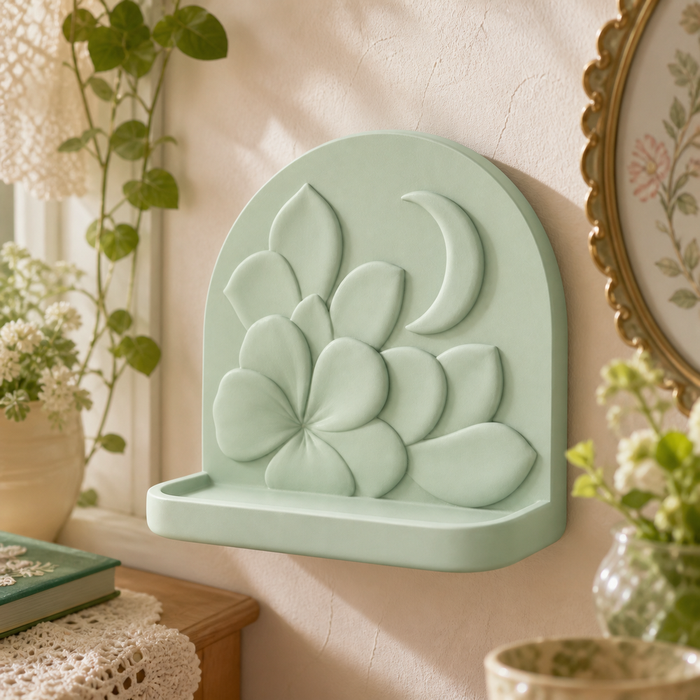 Moonflower Trinket Ledge, Pastel Floral Shelf, Cottagecore Room Decor — Green color variant