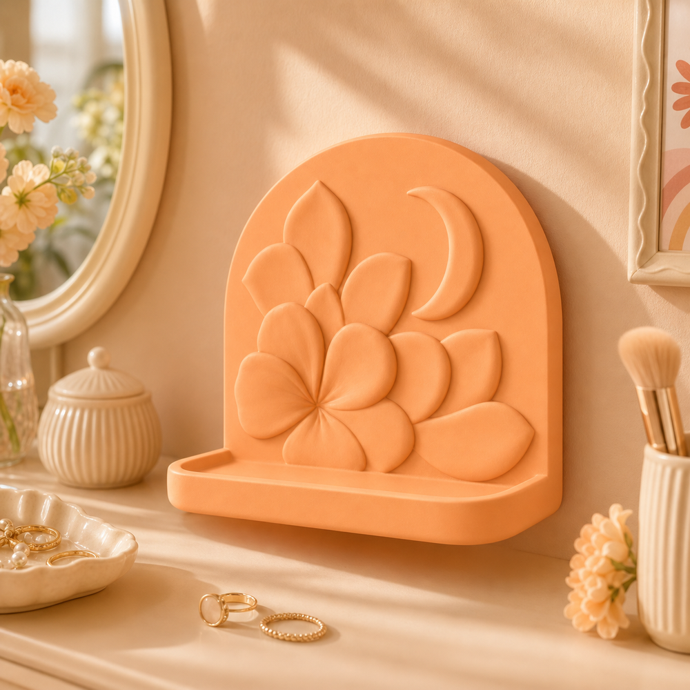 Moonflower Trinket Ledge, Pastel Floral Shelf, Cottagecore Room Decor — Orange color variant