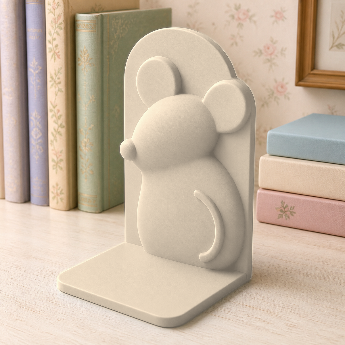 Beige mouse bookend, pastel animal book stand for cute cottagecore shelf decor