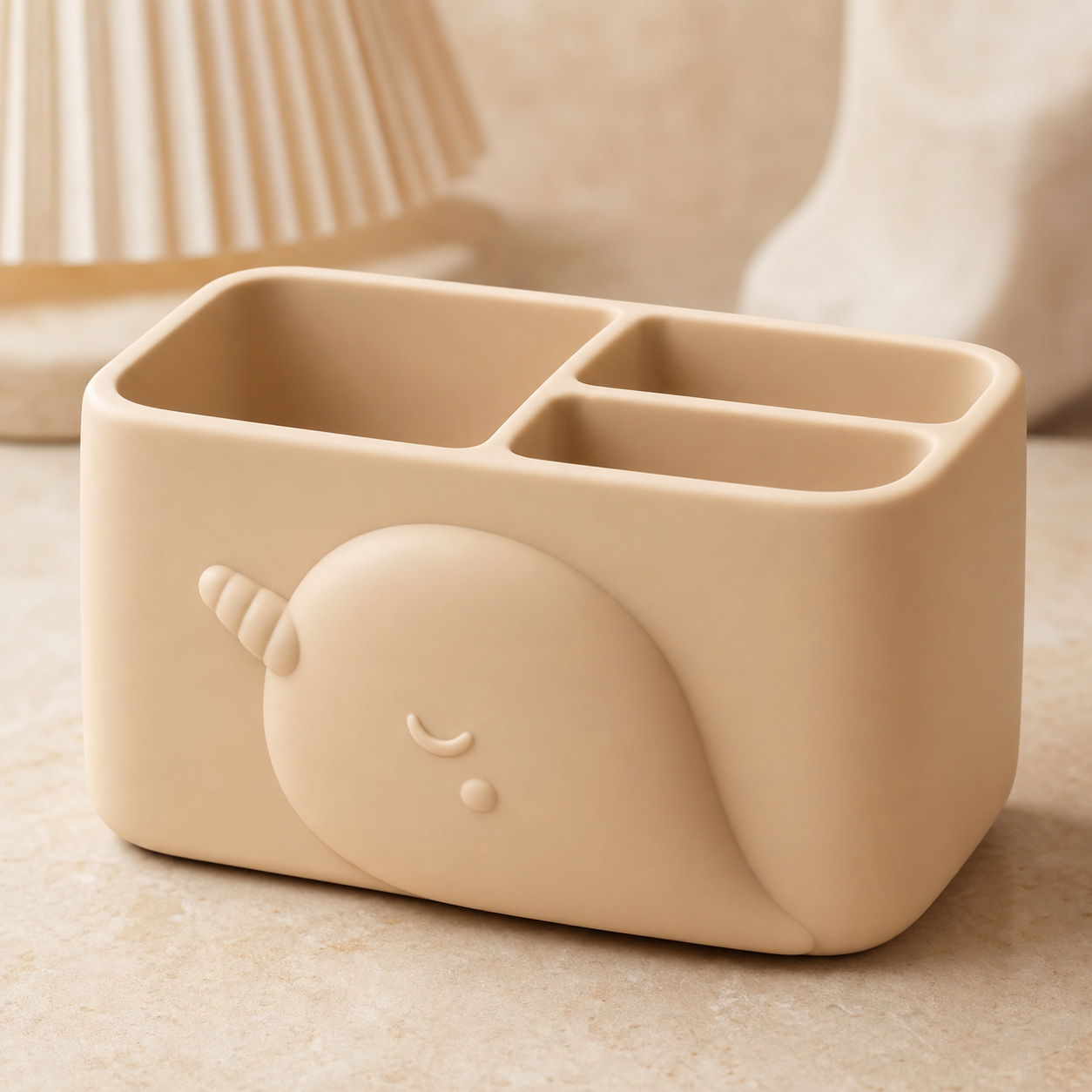 Narwhal Vanity Caddy, Pastel Desk Organizer, Ocean Nursery Room Decor Gift — Beige color variant
