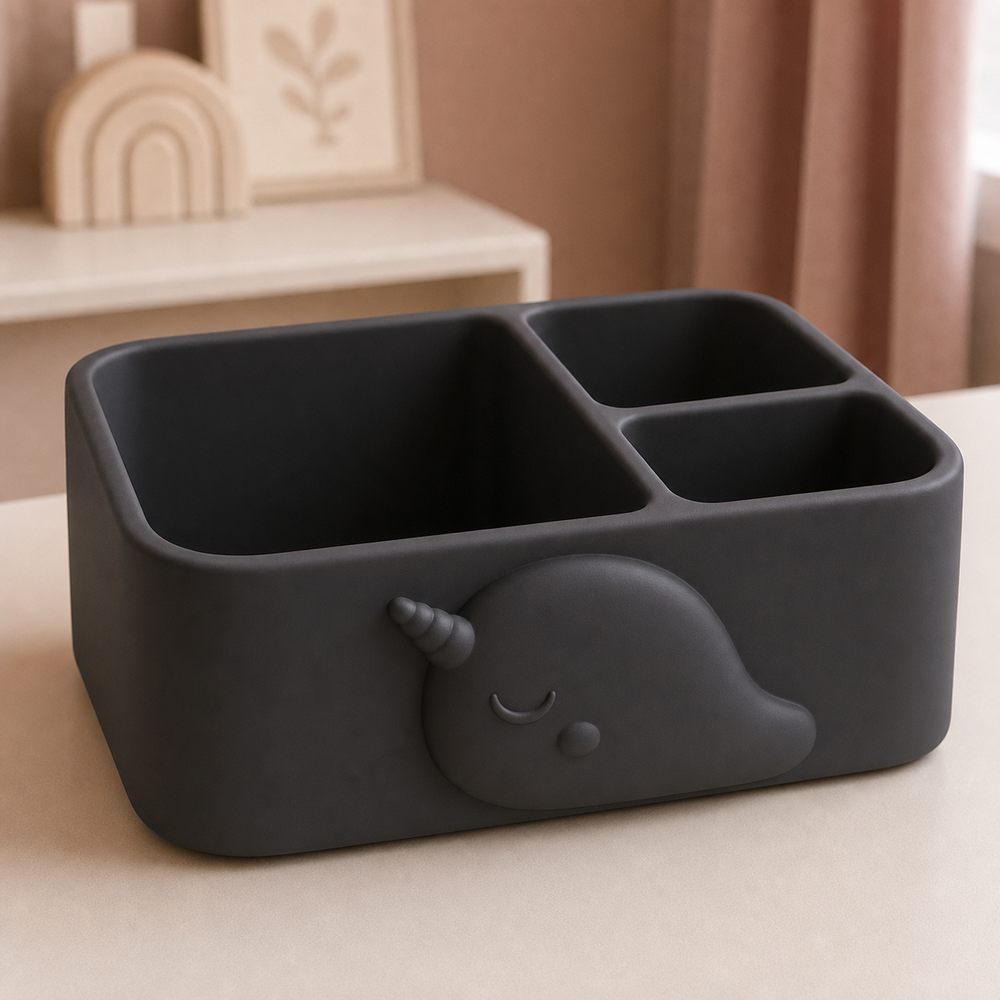 Narwhal Vanity Caddy, Pastel Desk Organizer, Ocean Nursery Room Decor Gift — Black color variant