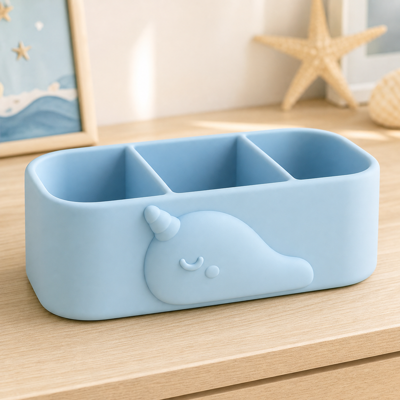 Narwhal Vanity Caddy, Pastel Desk Organizer, Ocean Nursery Room Decor Gift — Blue color variant