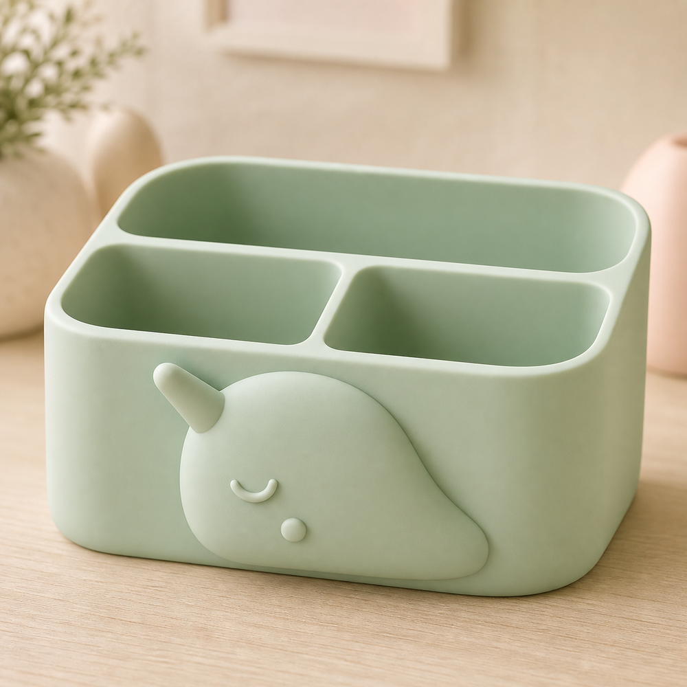 Narwhal Vanity Caddy, Pastel Desk Organizer, Ocean Nursery Room Decor Gift — Green color variant