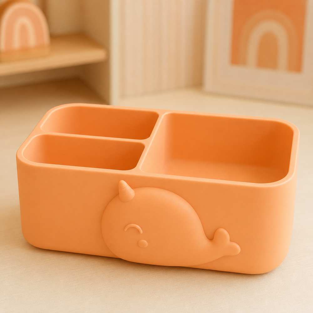 Narwhal Vanity Caddy, Pastel Desk Organizer, Ocean Nursery Room Decor Gift — Orange color variant