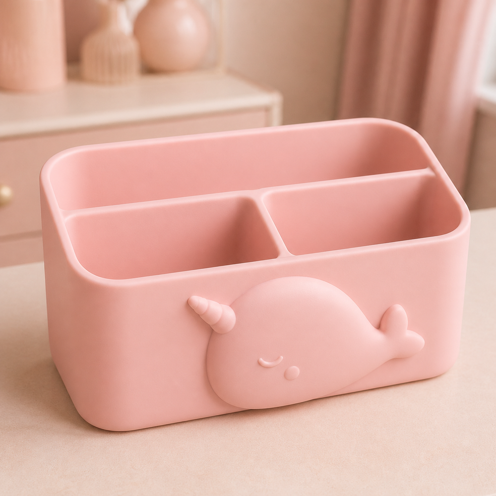 Narwhal Vanity Caddy, Pastel Desk Organizer, Ocean Nursery Room Decor Gift — Pink color variant