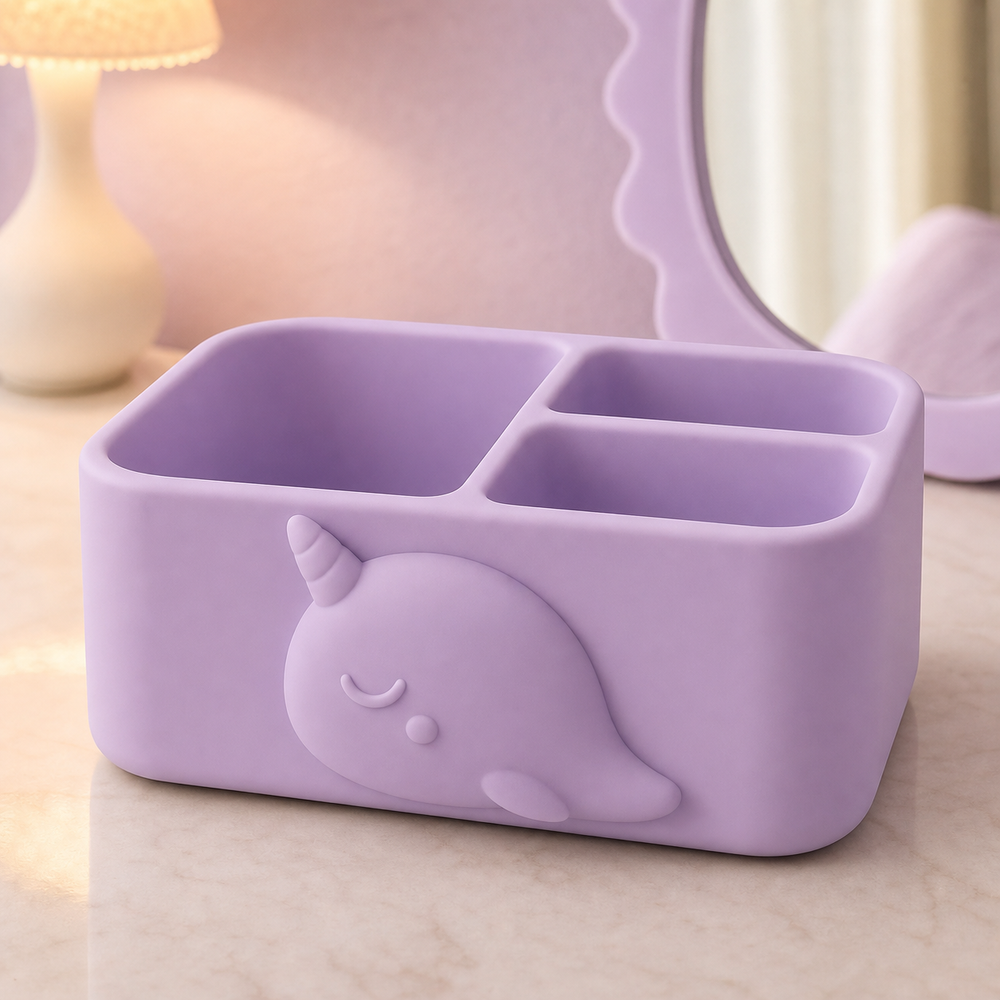 Narwhal Vanity Caddy, Pastel Desk Organizer, Ocean Nursery Room Decor Gift — Purple color variant
