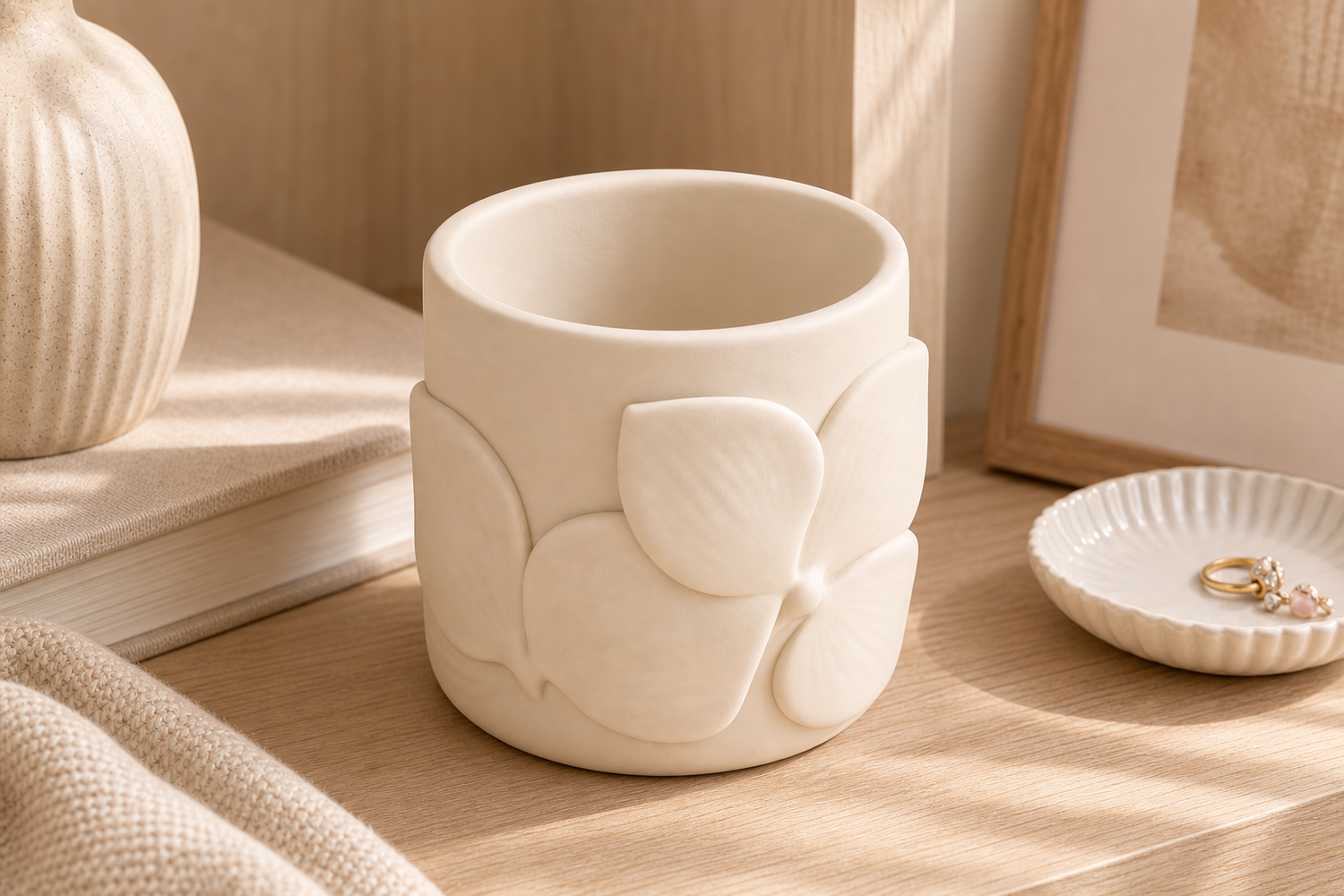 Orchid Makeup Brush Cup, Pastel Pencil Holder, Floral Vanity Desk Organizer Gift — Beige color variant