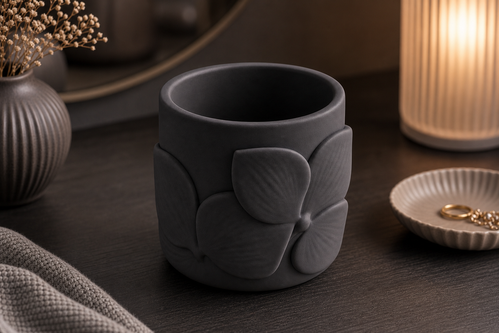 Orchid Makeup Brush Cup, Pastel Pencil Holder, Floral Vanity Desk Organizer Gift — Black color variant