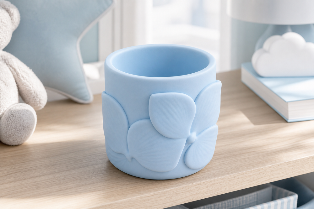 Orchid Makeup Brush Cup, Pastel Pencil Holder, Floral Vanity Desk Organizer Gift — Blue color variant