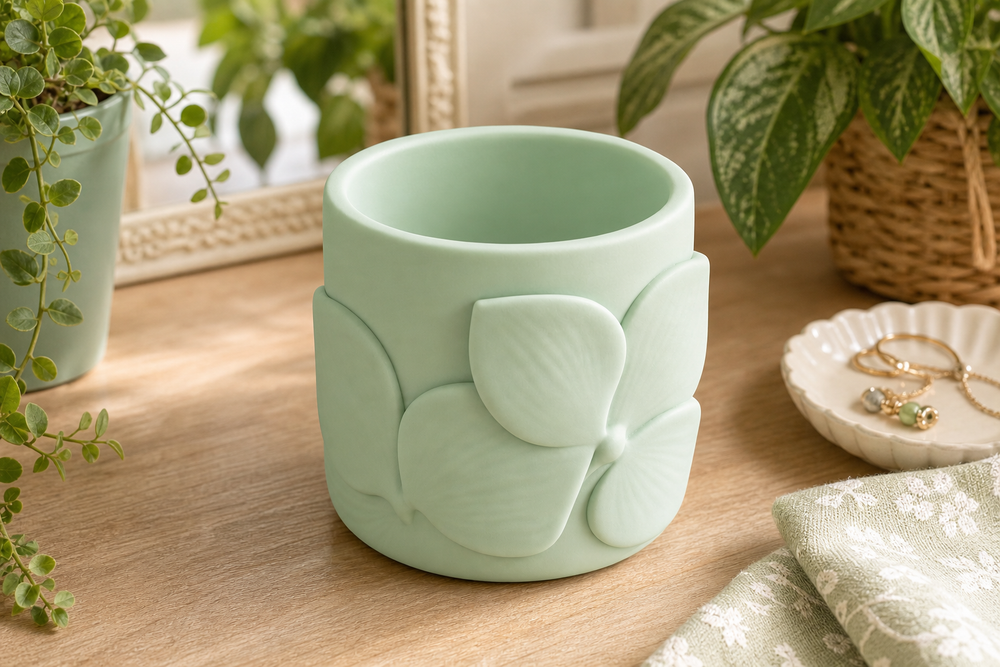 Orchid Makeup Brush Cup, Pastel Pencil Holder, Floral Vanity Desk Organizer Gift — Green color variant
