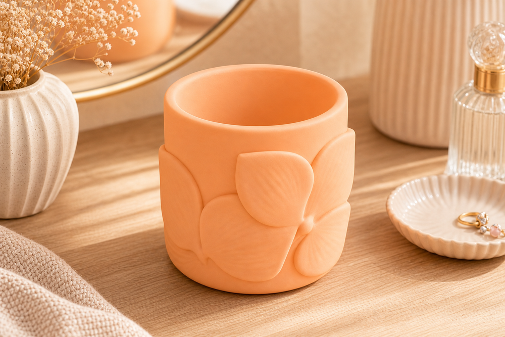 Orchid Makeup Brush Cup, Pastel Pencil Holder, Floral Vanity Desk Organizer Gift — Orange color variant