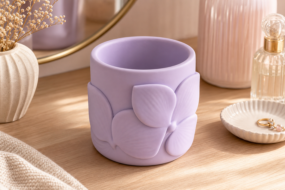 Orchid Makeup Brush Cup, Pastel Pencil Holder, Floral Vanity Desk Organizer Gift — Purple color variant