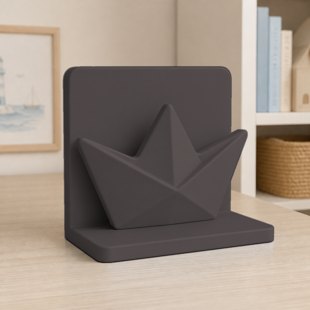 Paper Boat Bookend, Pastel Nautical Shelf Decor, Nursery Desk Room Accent — Black color variant