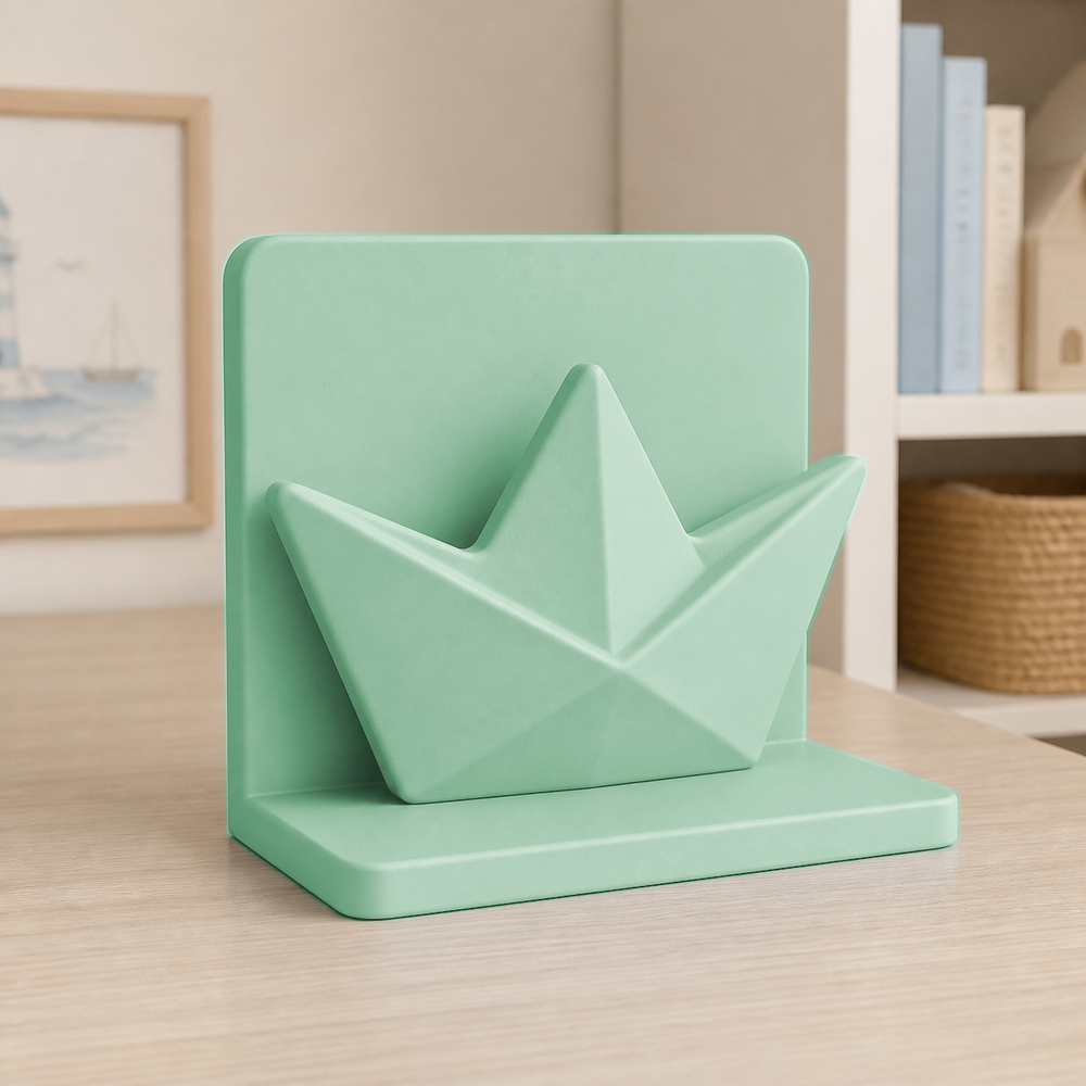 Paper Boat Bookend, Pastel Nautical Shelf Decor, Nursery Desk Room Accent — Green color variant